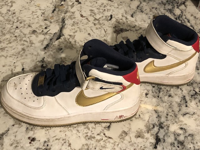 Nike Air Force 1 Gold Swoosh White Blue Red Leather High Top (af1'82) Size 5y for sale online | eBay