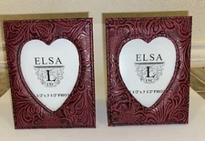 NEW Pair Of Embossed Red Faux Leather Heart Picture Frames Holds 1.5" x 3"