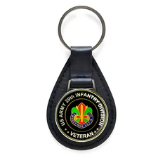 US Army 29th Infantry Division Veteran Black Leather Keychain Silver Keyring
