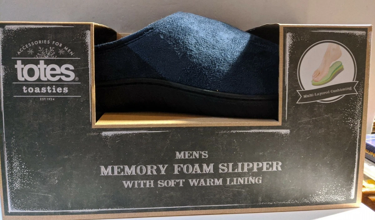 Totes Toasties Memory Foam Slippers House Shoes Navy Blue Plaid