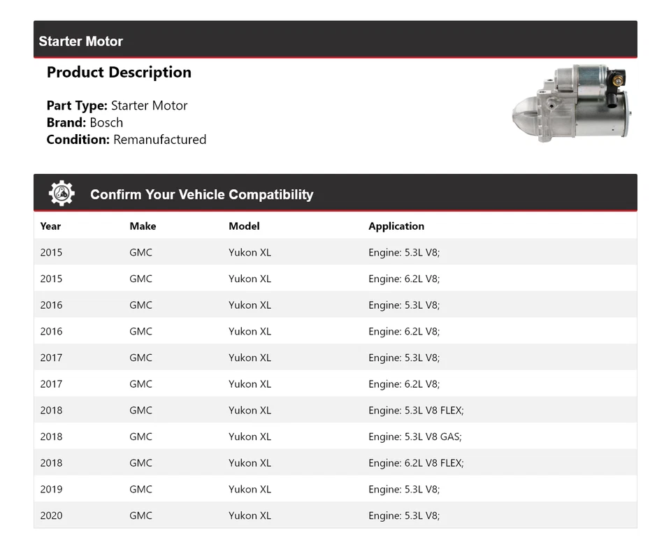 Arranque Bosch para GMC Yukon XL 2015-2020 (remanufacturado) 2016 2017 2018 2019 Foto 2 de 4