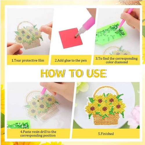 12pcs 5D DIY Assorted Summer Sunflower Diamond Art Keyrings by Numbers Kit - Picture 4 of 7