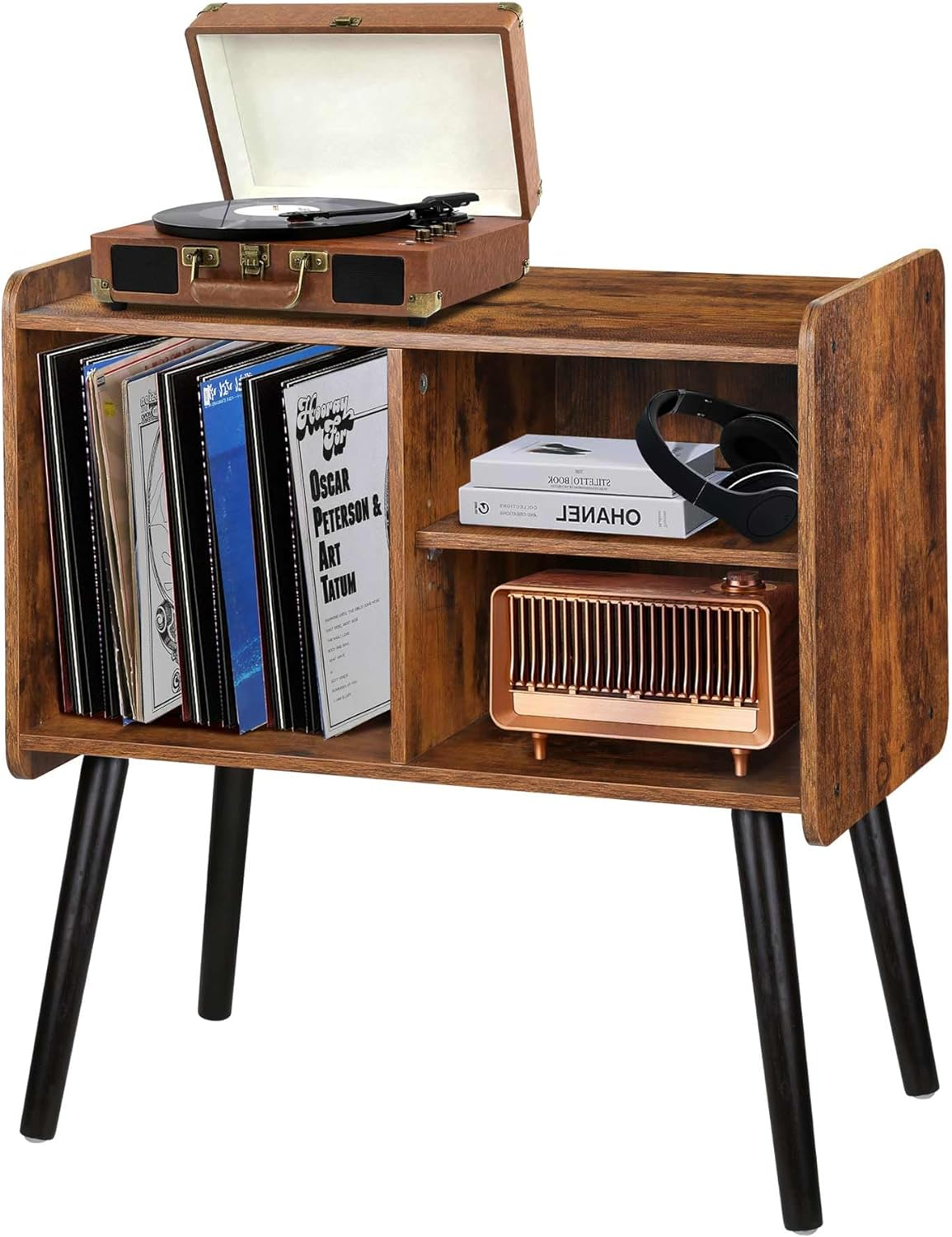 Mid-century modern turntable stand with vinyl storage for record players