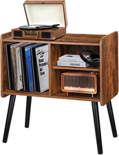 Mid-Century Record Player Stand with Vinyl Storage, Rustic Brown Finish