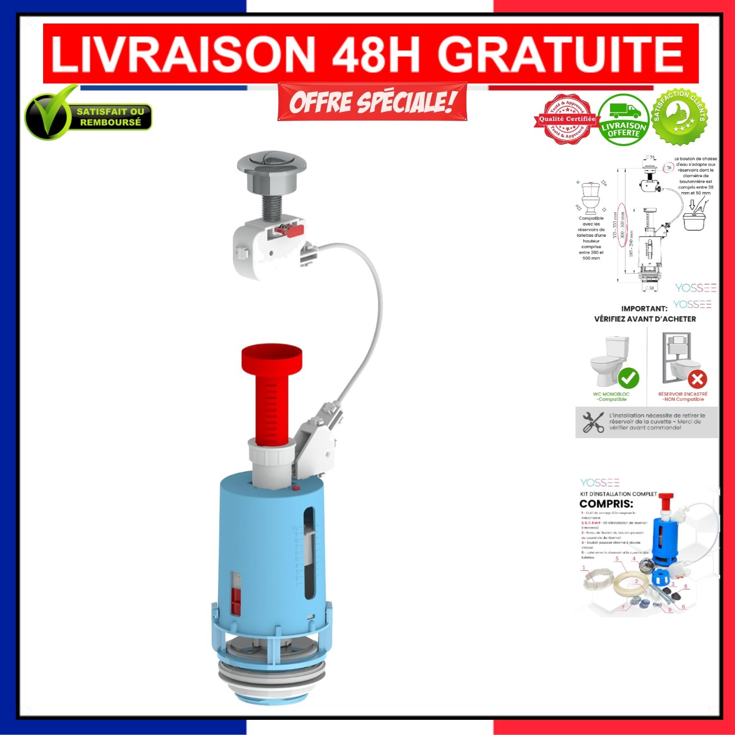 Mécanisme chasse d'eau anti fuite universel 3/6L à bouton poussoir réglable