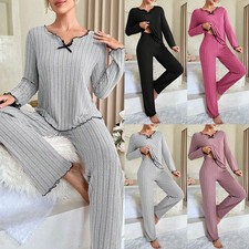 Women Ribbed Long Sleeve Tops Trousers Winter Tracksuit Outfit Set Loungewear