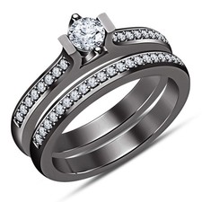 2 CT Round Lab Created Diamond Bridal Engagement Ring Set 14K Black Gold Over