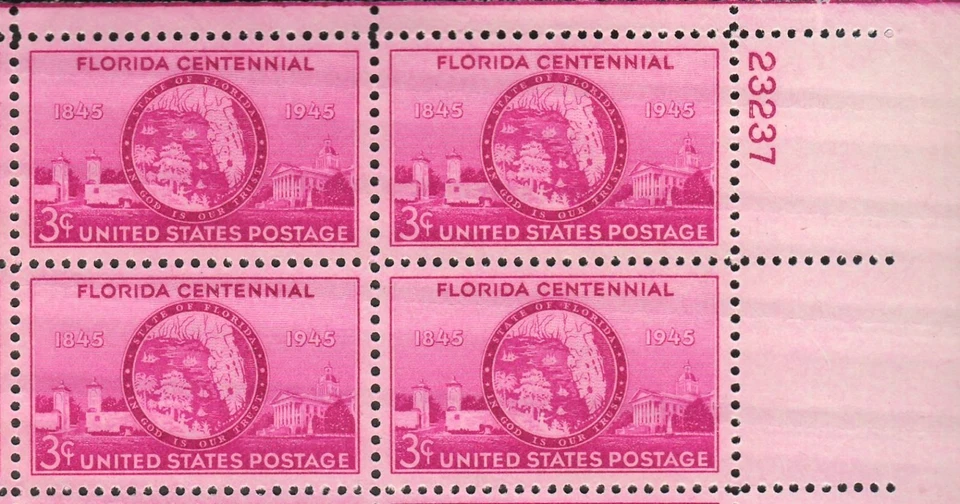 USA #927 - 1945 Full Sheet of 50 Stamps Pl 23237 "Florida Centennial" 3¢ VF MNH* - Image 4 of 4