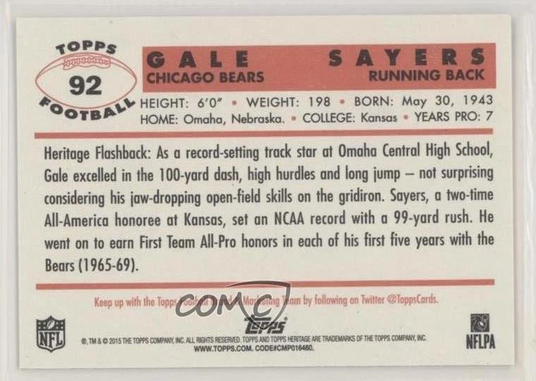 2015 Topps Heritage Gale Sayers #92 HOF - Image 2 of 2