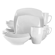  Service for Four Porcelain Dinnerware Set, White 16 Piece White - Square 1
