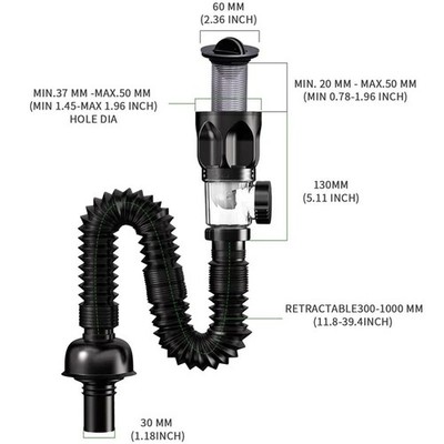 Black Universal Sink Drain Pipe Set Retractable Deodorant Sewer Drainage Water
