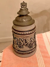 Antique Salt Glazed German Beer Stein, Devils, Rams, Anti-Semitic, Circa 1900