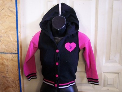 U.S. Polo Assn. Jacket Girls 5/6 Pink/Black Hooded Button-Down Long Sleeve