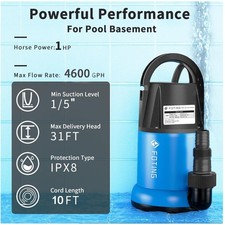 1HP Electric Portable Water Pump - 4600GPH Su...