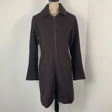 Ibex Women M Slim Pea Coat 100% Merino Wool Silk Lined Full Zip Pockets Brown