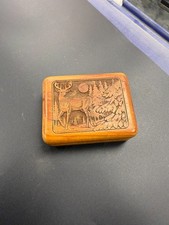 Vintage Hand-Carved Wooden Trinket Box   Stag  Forest Scene, Rustic Cabin D cor