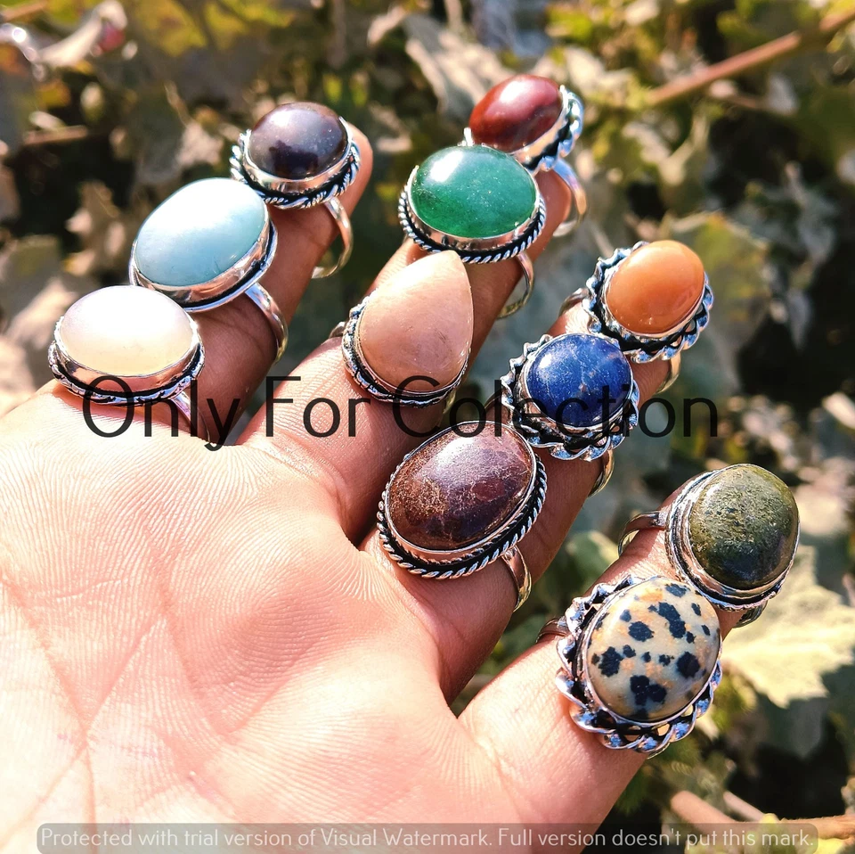 Lote de anillos de plata de ley 925 enchapados en jaspe y mezcla de piedras preciosas joyería hippie Foto 2 de 2