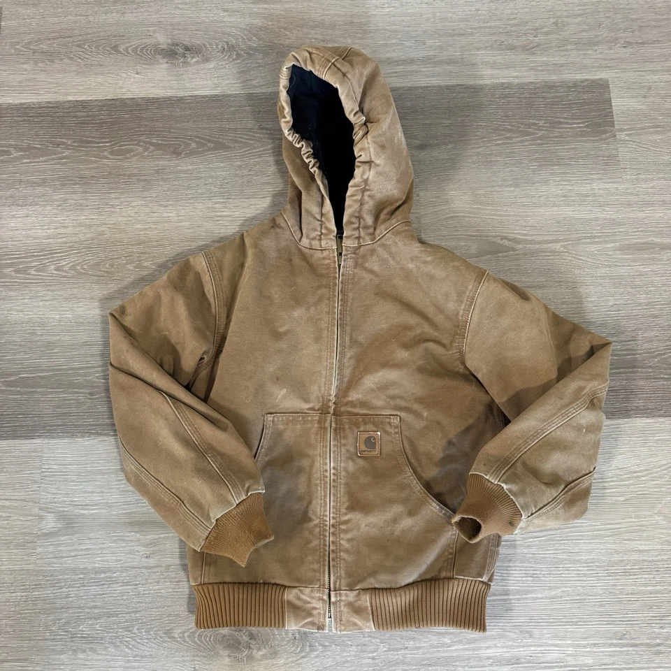Carhartt YYJ130 BRN Brown Duck Canvas Quilt Lined Zip Bomber Jacket Boys Youth L - Image 2 of 4