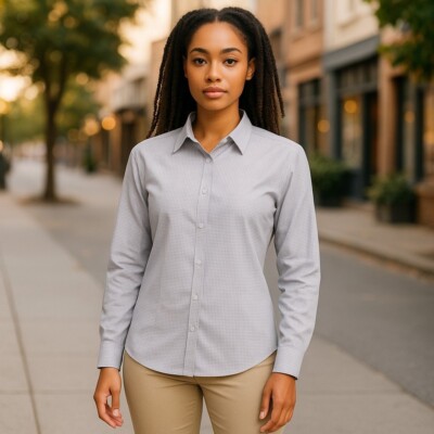 North End Women's Checked Twill Dress Shirt Mulberry Purple - Size Medium