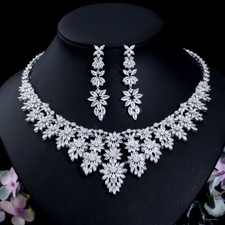 Charming CZ Long Leaf Tassel Wedding Necklace Earrings Silver Plated Jewelry Set
