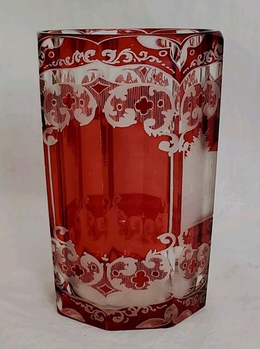 Antique Bohemian Ruby Drinking Glass Spa Beaker Grand Tour Souvenir 4.5" REPAIR - Picture 5 of 16