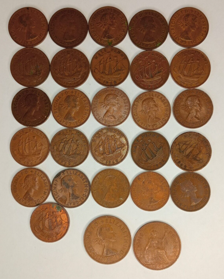 (997) Job Lot Old Copper Coins Victoria to Elizabeth Pennies Half
