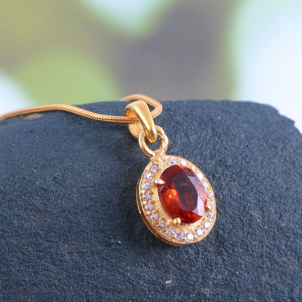Natural Hessonite Garnet Pendant Necklace Dainty 18k Gold Plated Silver  Handmade