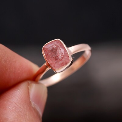 Natural Strawberry Quartz Cushion Ring Rose Gold Plated Handmade Jewelry For Her