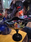 Vintage Fenton Black Amethyst Glass Vase With Handpainted Floral  ðesign