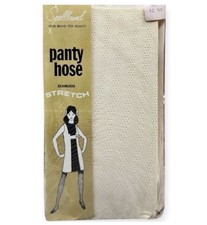 1960 s Mod Textured Pantyhose in Cream, Vintage Net Stockings Tights, Sz Tall