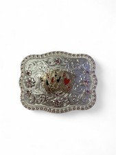 Silver Belt Buckle with Pink Accents and Gold Card Motif