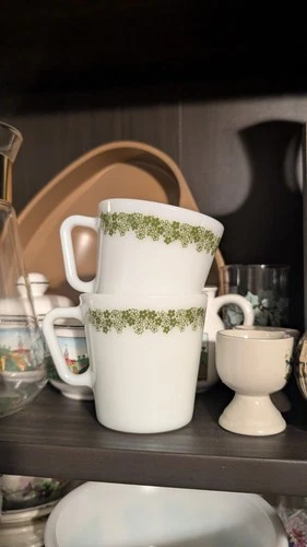 Pyrex Vintage Crazy Daisy Mugs Spring Blossom Milk Glass Green Set of 2
