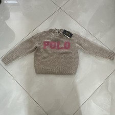 Polo Ralph Lauren Girls Knit Pullover Sweater Size 6 Tan Pink Logo Crew Neck