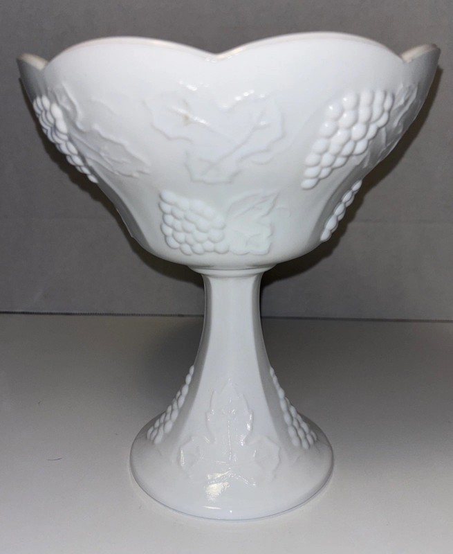 Vintage Indiana Glass Milk Glass Colony Harvest Grapes Pat Compote Pedestal Bowl