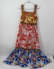 Farm Rio Birds Wood Balls Maxi Dress Kaftan Tropical Tiered Beach Size XS