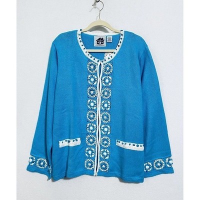 Storybook Knits Cardigan Sweater Womens Large Aqua Blue Crochet Granny Cottage
