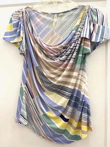Anthropologie Little Yellow Button Multi Striped Flutter Sleeve Top; XS