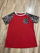 Womens Top Blouse Size M Stretch Short Sleeve Red Leopard Print Sleeves Stained