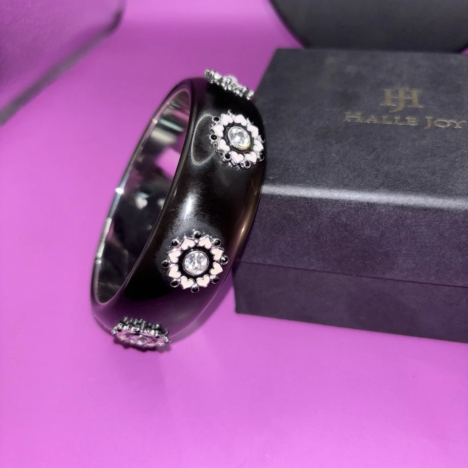 Halle Joy Acrylic Bangle Bracelet Black W/Enamel Hearts And Crystals! (0456) - Image 3 of 4
