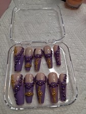 Purple Gold Nude Pre-Designed Press-On Nails Set Long Coffin 3D Shiny Sparkle