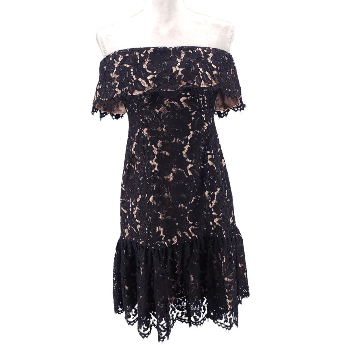 ELIZA J Off Shoulder Midi Dress Black Lace Overlay Ruffle Cocktail LBD Size 4P