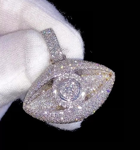 2Ct Real Moissanite Evil Eye Pendant 18" Free Chain 14K White Gold Plated Silver