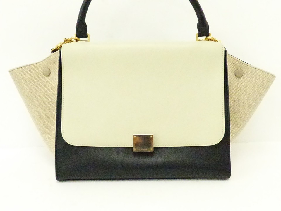 Auth CELINE Black/Ivory Calf x Linen 2WAYS Trapeze Shoulder Hand Bag GHW wt1061