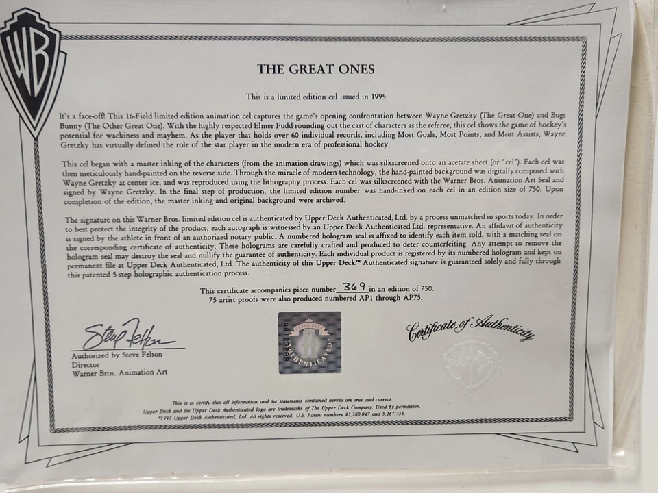 Wayne Gretzky Signed "The Great Ones" L.E. Cel 369/750 Upper Deck & Warner Bros. - Image 4 of 4