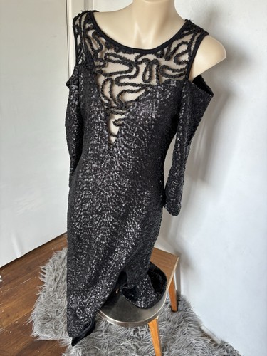 BooHoo Occasion Drape Sequin Evening Gown Size 10 Black Off Shoulders New - Picture 11 of 17