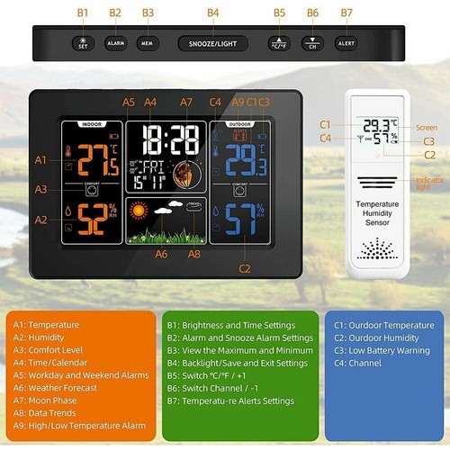 Wetterstation mit Außensensor Hygrometer Thermometer Wecker Uhr Farbdisplay - Bild 30 von 78