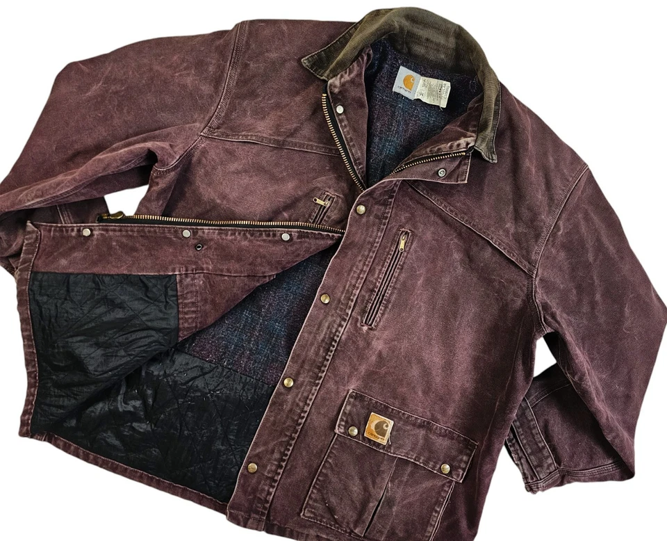 LO ÚLTIMO DE COLECCIÓN Hombres EE. UU. CARHARTT C10BRG ROPA DE TRABAJO MANTA FORRADA LONA BORGOÑA Chaqueta XL Foto 2 de 4