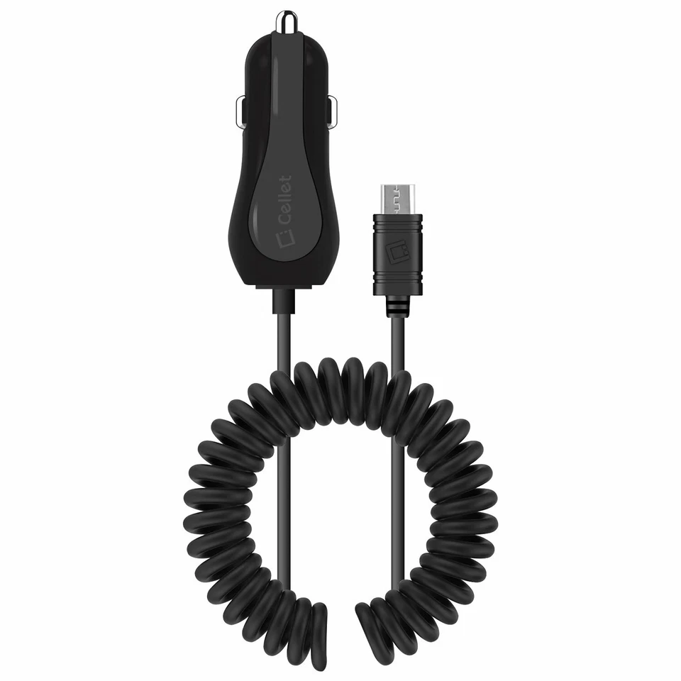 Micro USB Car Charger with Extra USB Port High Powered 12 Watt Coiled Cable - Image 2 of 4