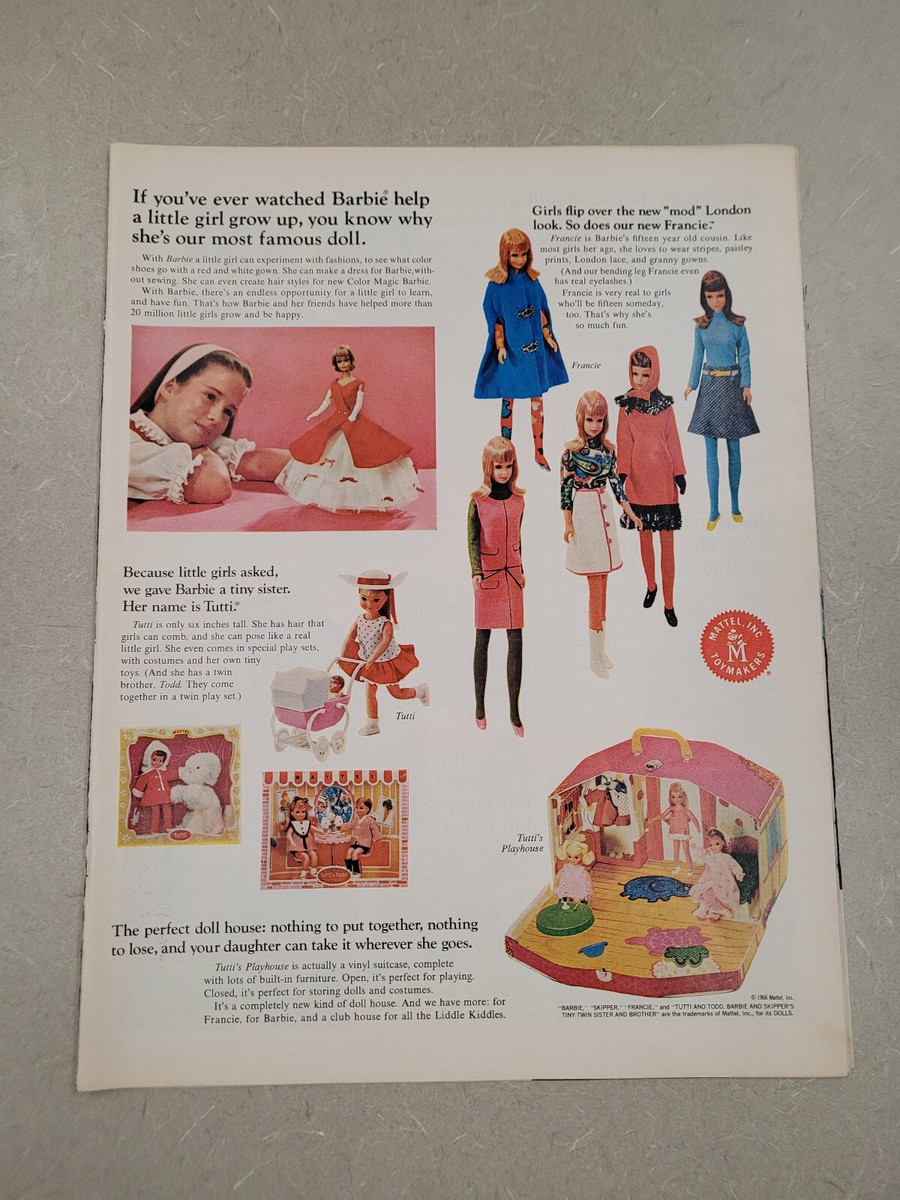 VTG 1966 Orig Magazine Ad Mattel Barbie Helps Little Girls Grow Up Famous  Doll