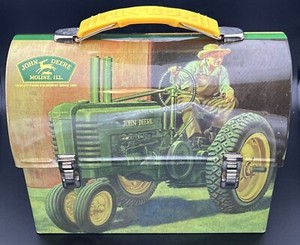 Vintage John Deere Tin Lunch Box Yellow Handle Tractor Farm Scene